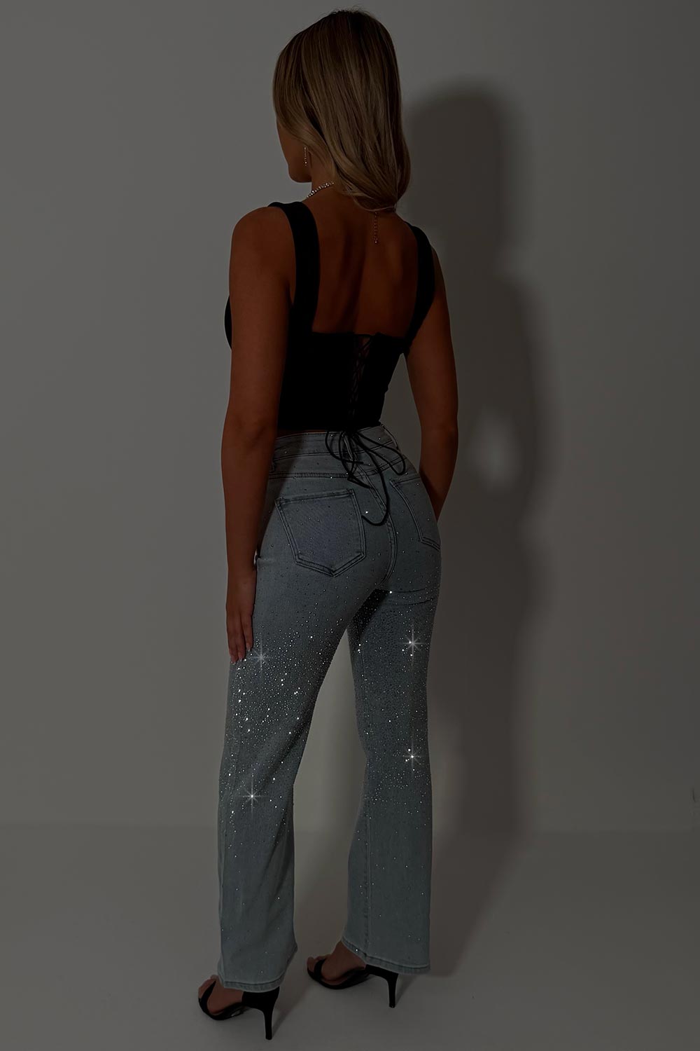 rhinestone diamante wide leg high waist jeans zara womens uk 
