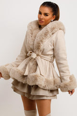 faux fur faux suede belted hooded jacket beige