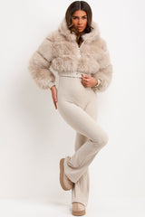 crop fur jacket with hood styled up