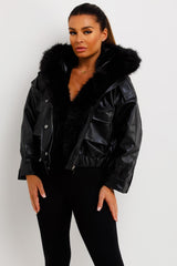 faux fur faux leather hooded bomber jacket black