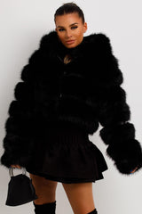 womens hooded faux fur coat cropped