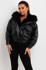 womens faux leather fur hood bomber jacket sale uk