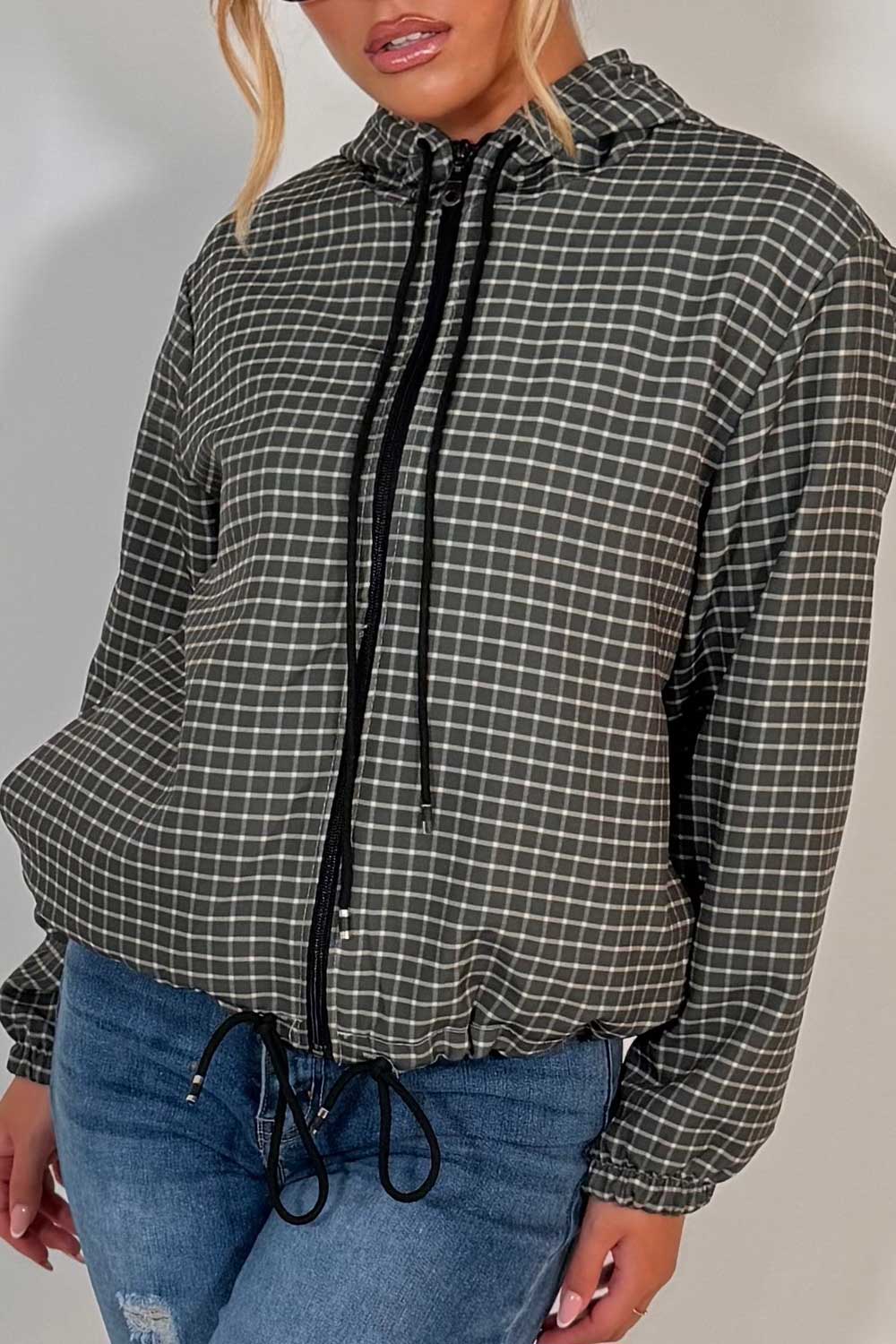 womens hooded checked jacket khaki styledup uk