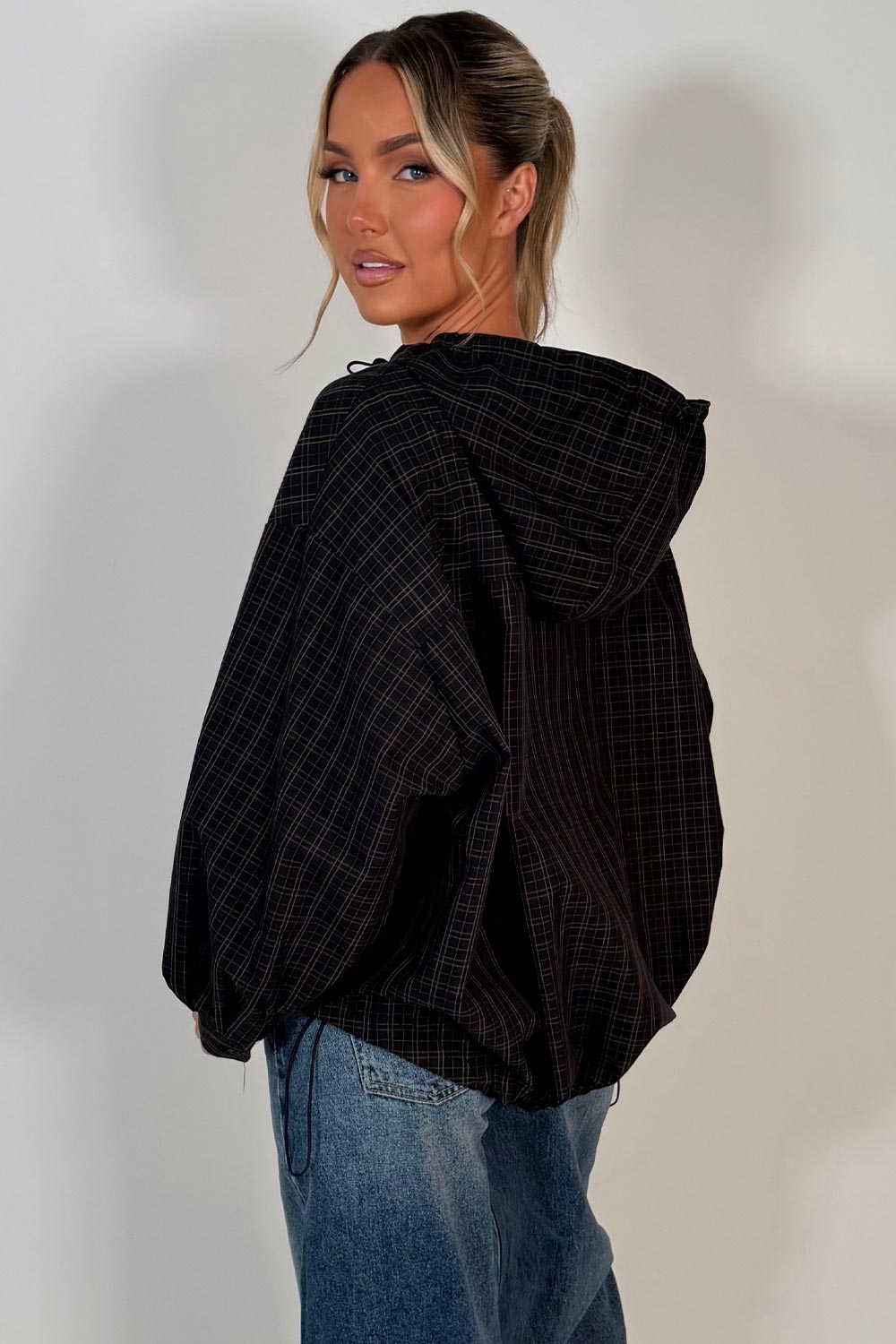 womens checked jacket with hood long sleeves drawstring hem styledup uk
