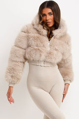 fur panel crop jacket with hood styled up