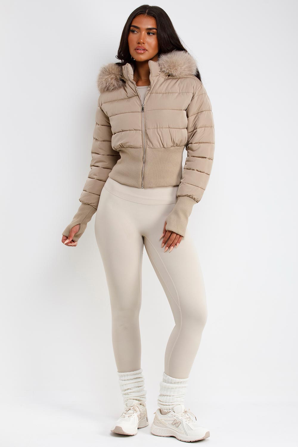 womens beige ski jacket with fur hood styledup uk