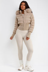 womens beige ski jacket with fur hood styledup uk