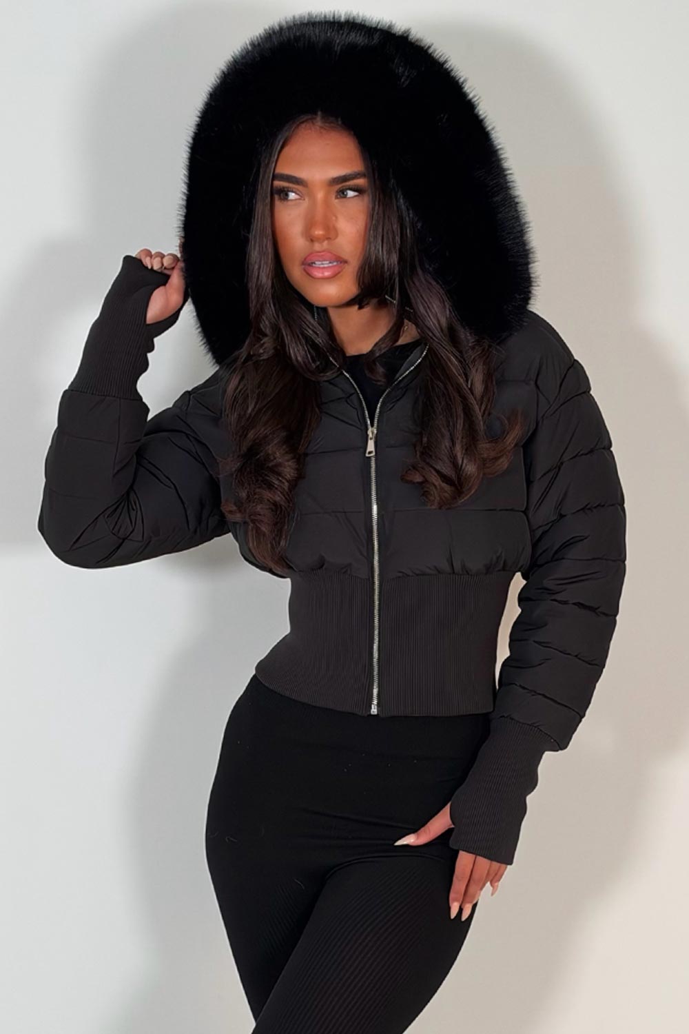 womens black faux fur hood padded puffer jacket styledup uk