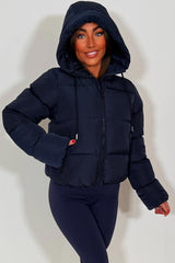 womens navy puffer jacket with hood styledup