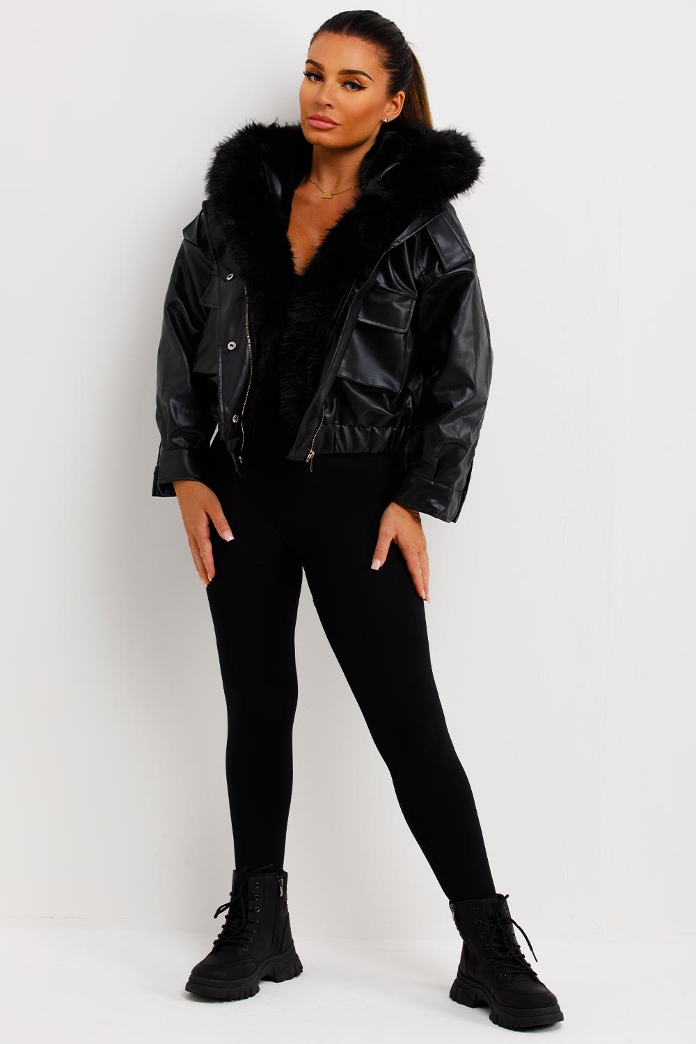 womens faux leather faux fur bomber jacket black