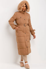 puffer trench coat with faux fur hood womens