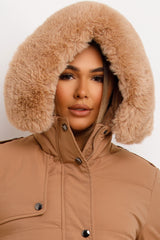 womens padded puffer long coat with belt and faux fur hood