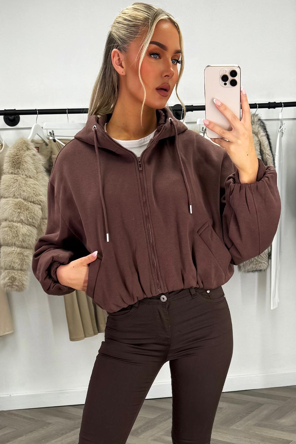 womens hooded jacket with elastic hem long sleeves and double welt pockets zara uk 