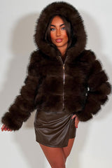 brown hooded faux fur bubble coat womens