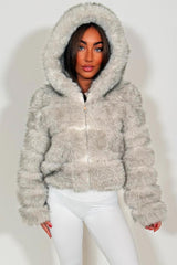 faux fur bubble jacket with hood white for womens