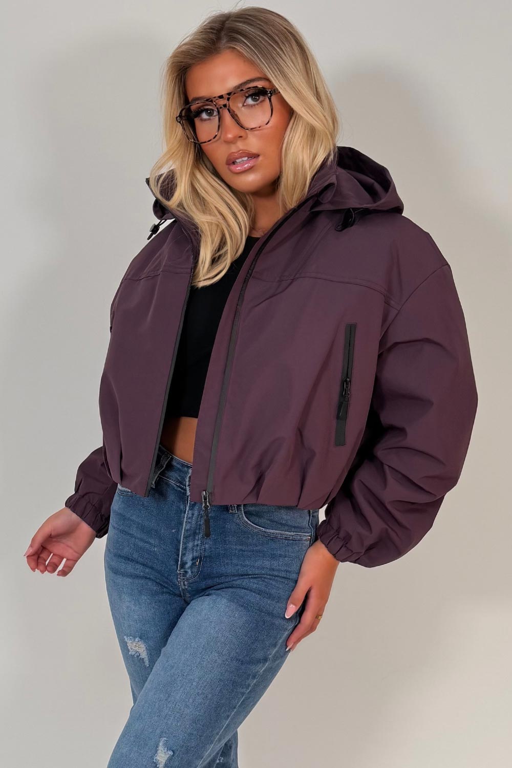 womens purple padded jacket with hood weather resistant