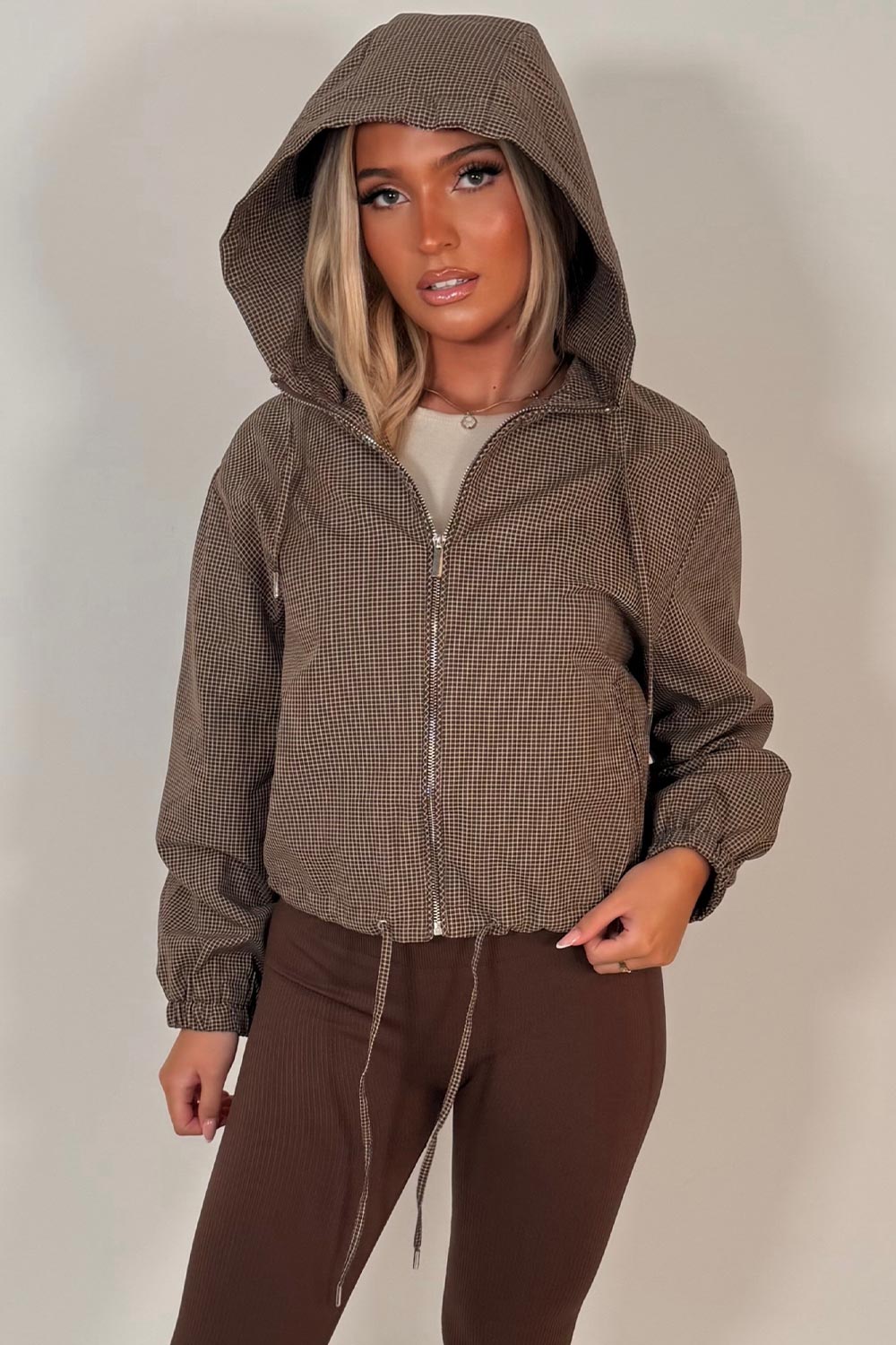 womens check bomber jacket with hood styledup uk