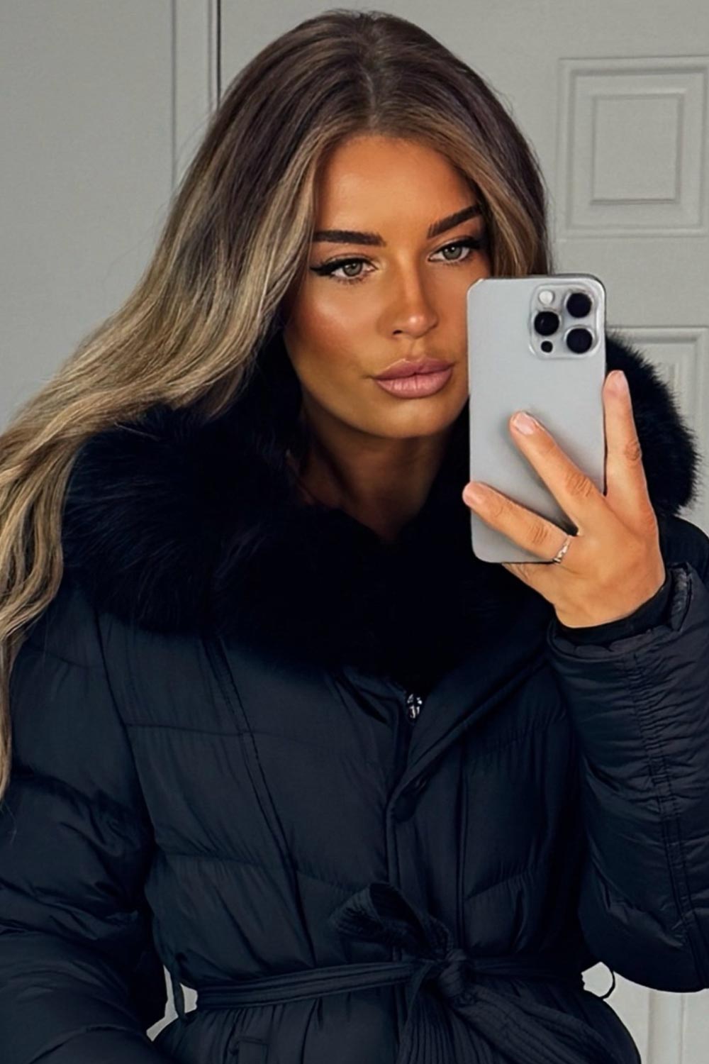 womens faux fur hood long line down padded puffer coat for winter styledup uk