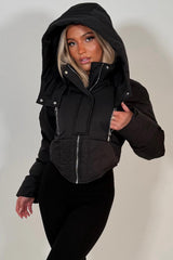 womens black puffer padded winter jacket with funnel neck styledup uk