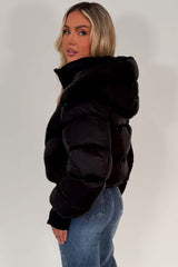 winter puffer jacket with hood for womens in black colour 