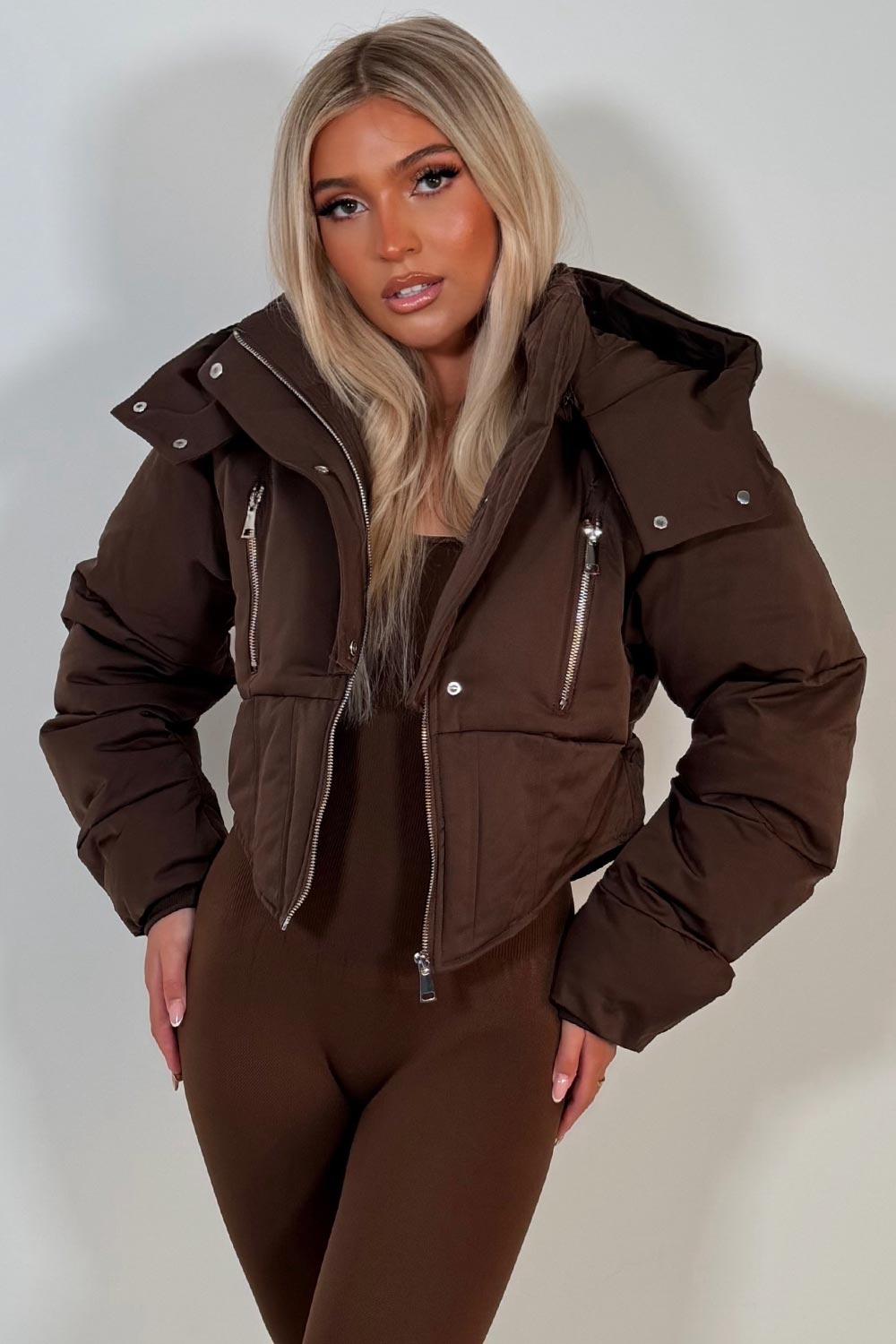 womens brown puffer padded winter jacket with funnel neck styledup uk