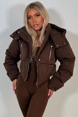 womens brown puffer padded winter jacket with funnel neck styledup uk