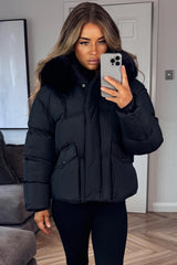 womens black faux fur hood padded puffer winter jacket styledup uk