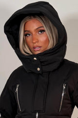 womens puffer padded hooded cropped winter ski jacket with funnel neck styledup uk