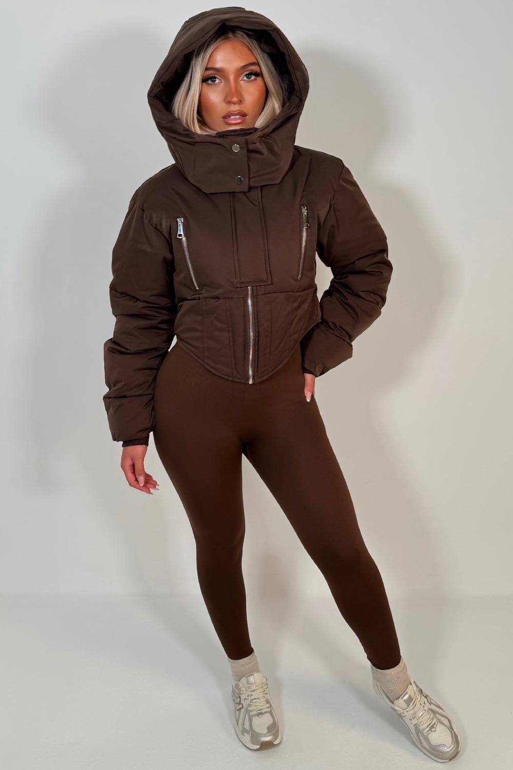 womens puffer padded winter jacket with hood and funnel neckline uk styledup uk