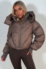 womens taupe puffer padded crop jacket with hood styledup 