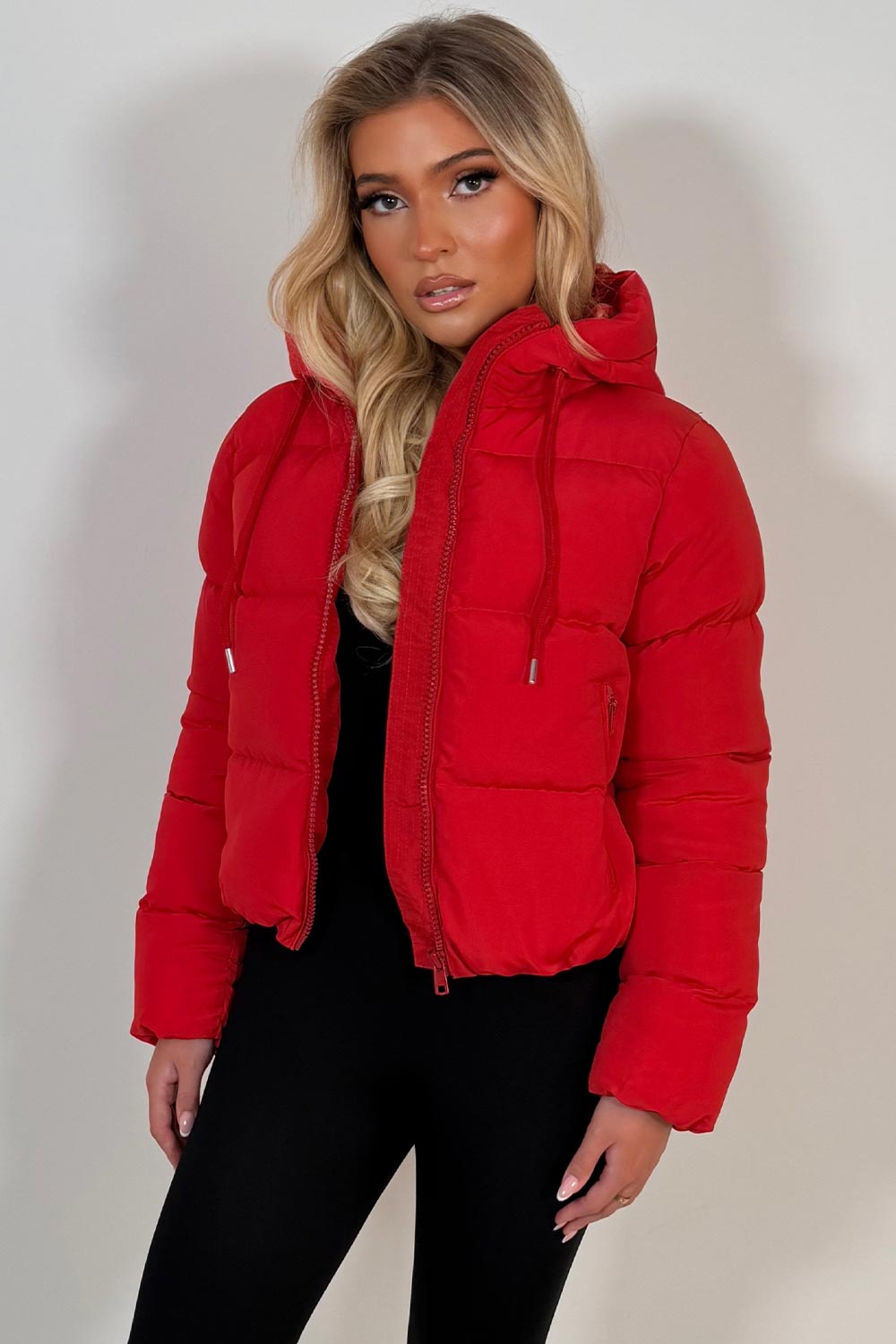 womens red puffer padded hooded jacket zara uk