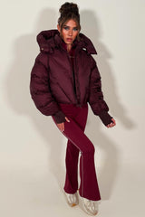 womens puffer padded quilted crop jacket burgundy styledup 