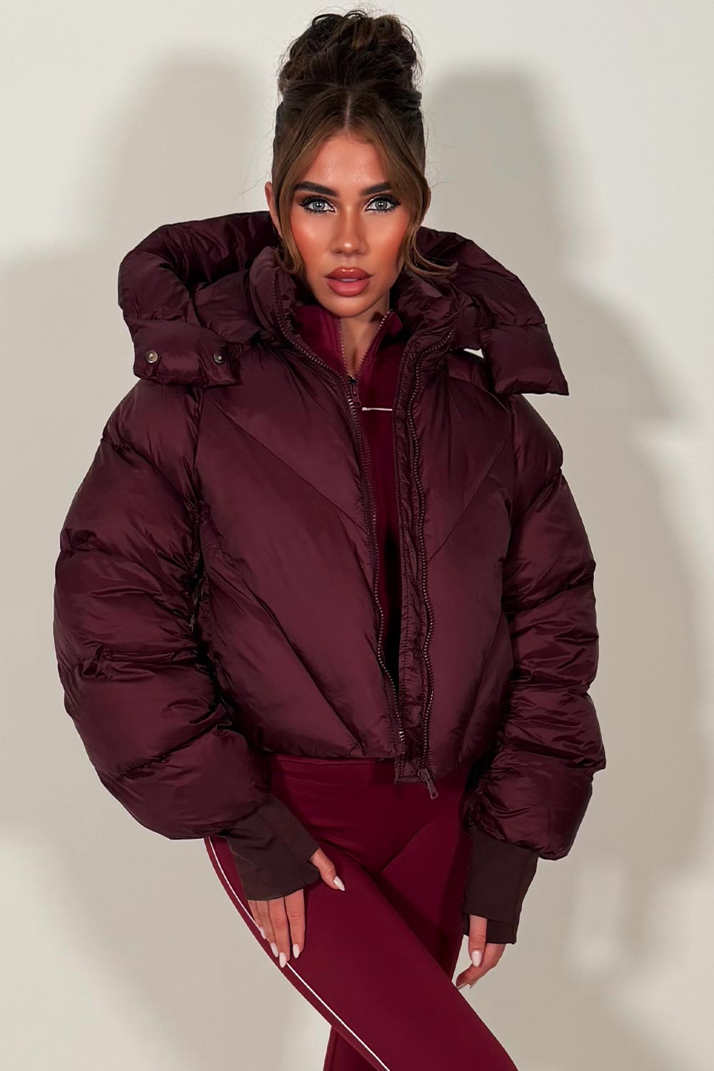 puffer padded quilted winter jacket with hood and thumb holes 
