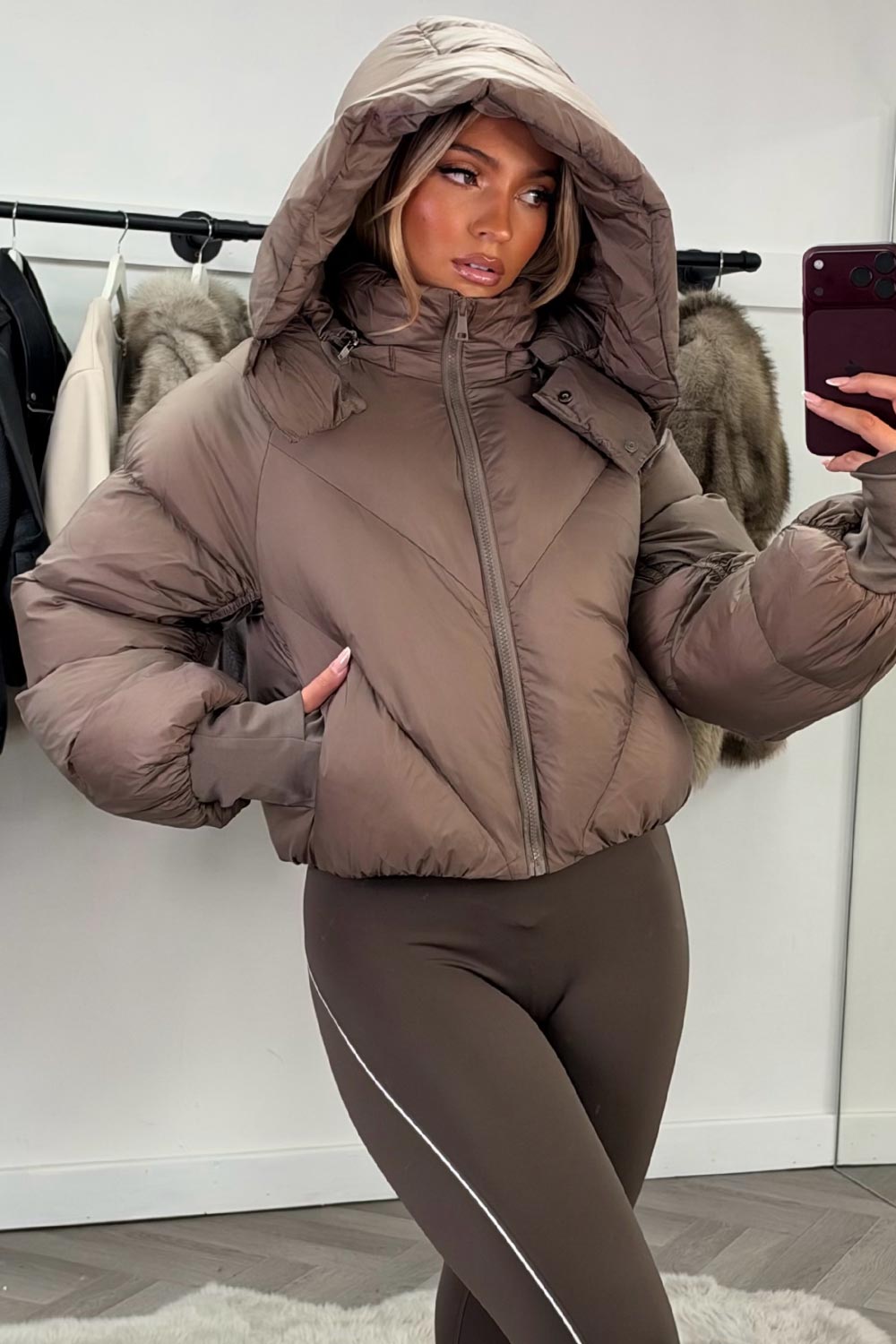 padded puffer jacket with hood taupe styledup womens 