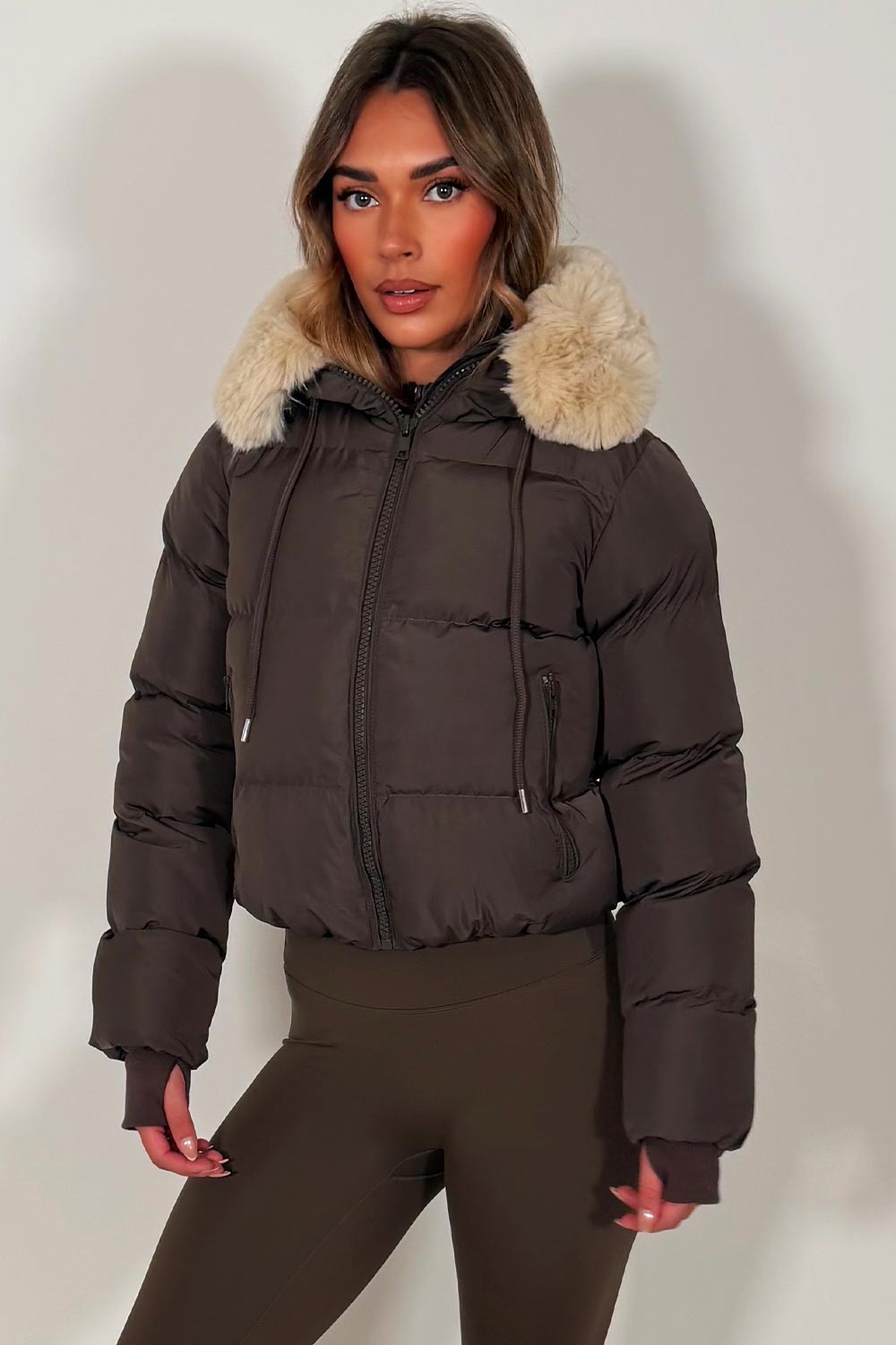 cropped puffer jacket with fur hood long sleeves thumbholes zara uk 