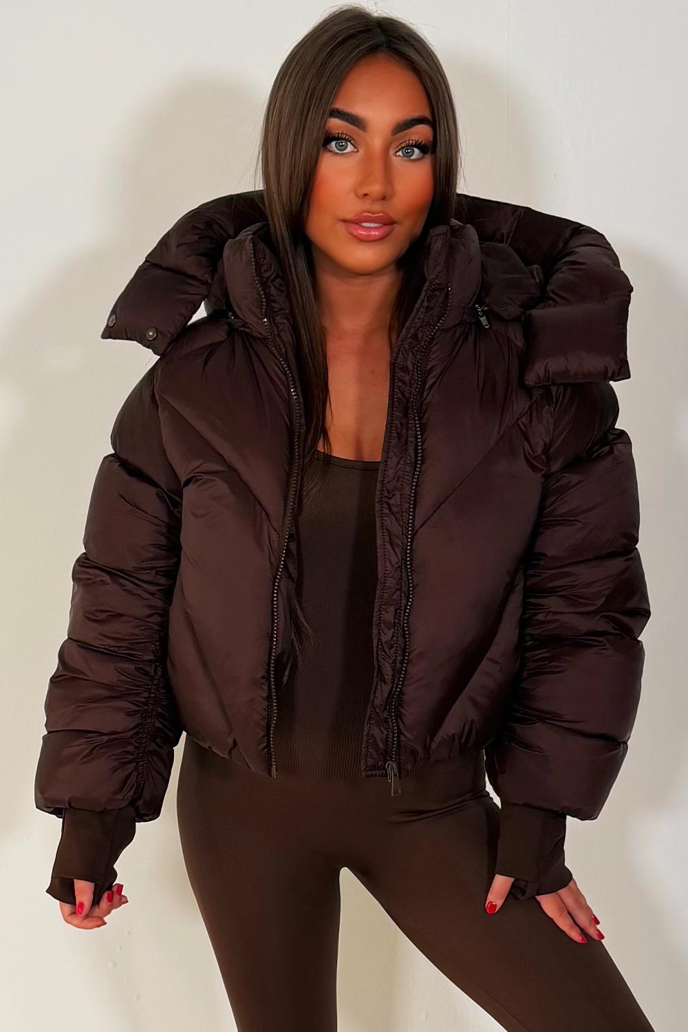 womens puffer padded puffer crop jacket with hood brown styledup outerwear 