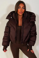 womens puffer padded puffer crop jacket with hood brown styledup outerwear 