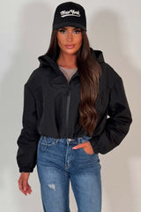 womens black padded jacket with hood weather resistant