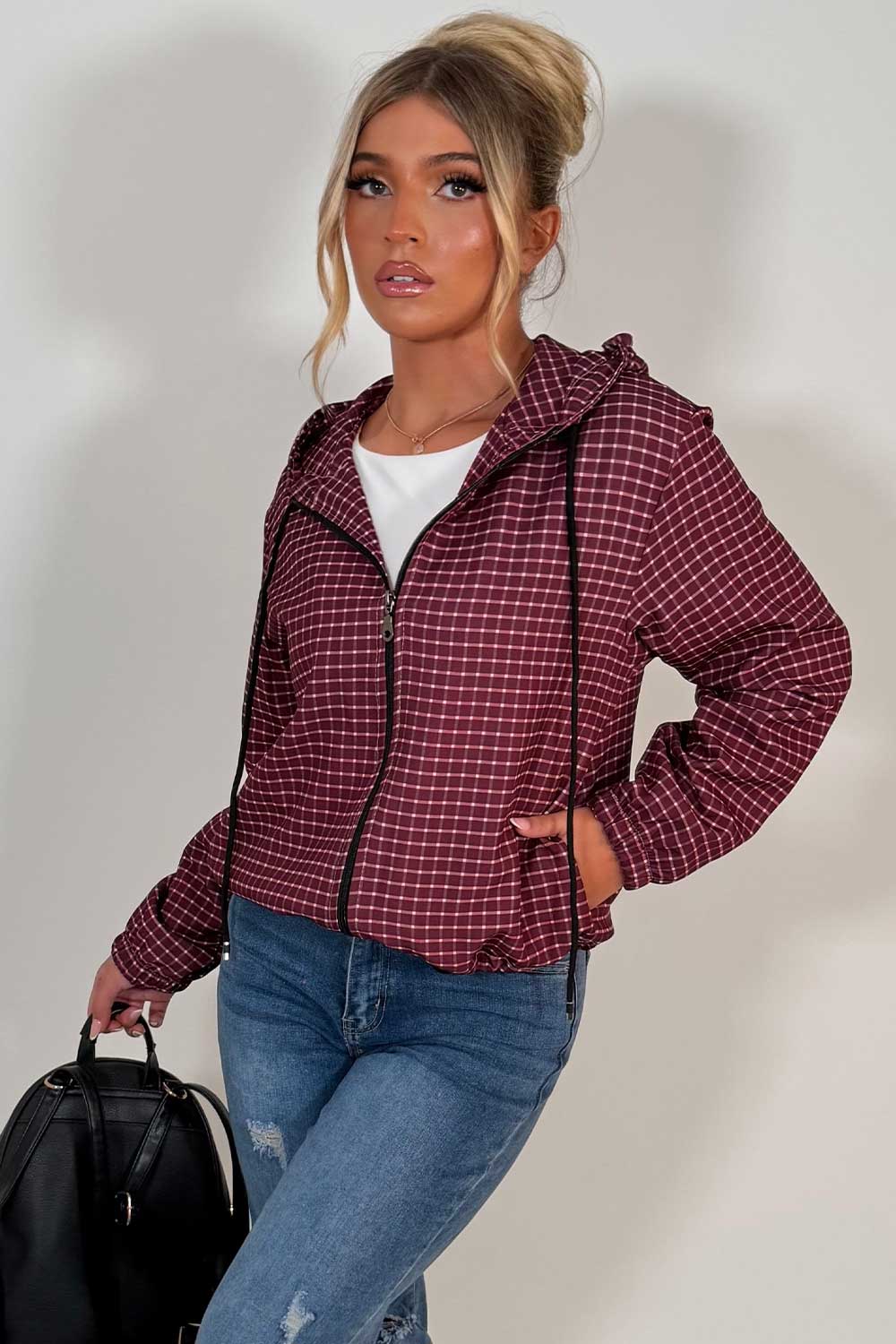 stradivarius checked technical jacket burgundy styledup uk