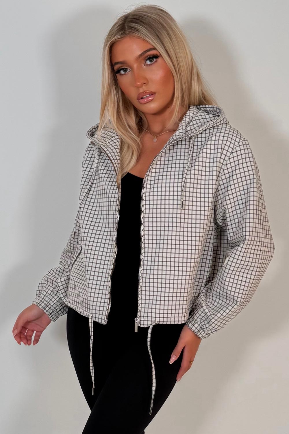 womens check bomber jacket with hood styledup uk