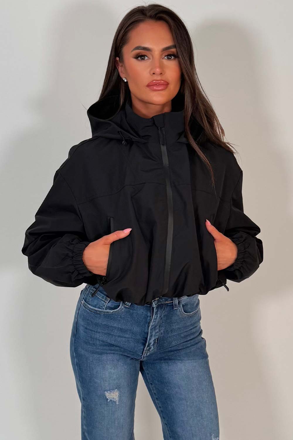 womens black hooded padded jacket weather resistant waterproof windproof 