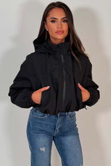 womens black hooded padded jacket weather resistant waterproof windproof 