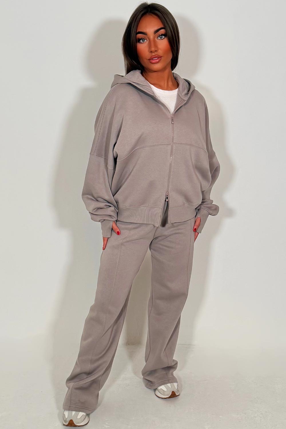 womens wide leg joggers and zip through hoodie with thumb holes tracksuit set styledup 