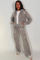 womens distressed cross zip hoodie and joggers set loungewear dove grey acid wash styled up tracksuit 