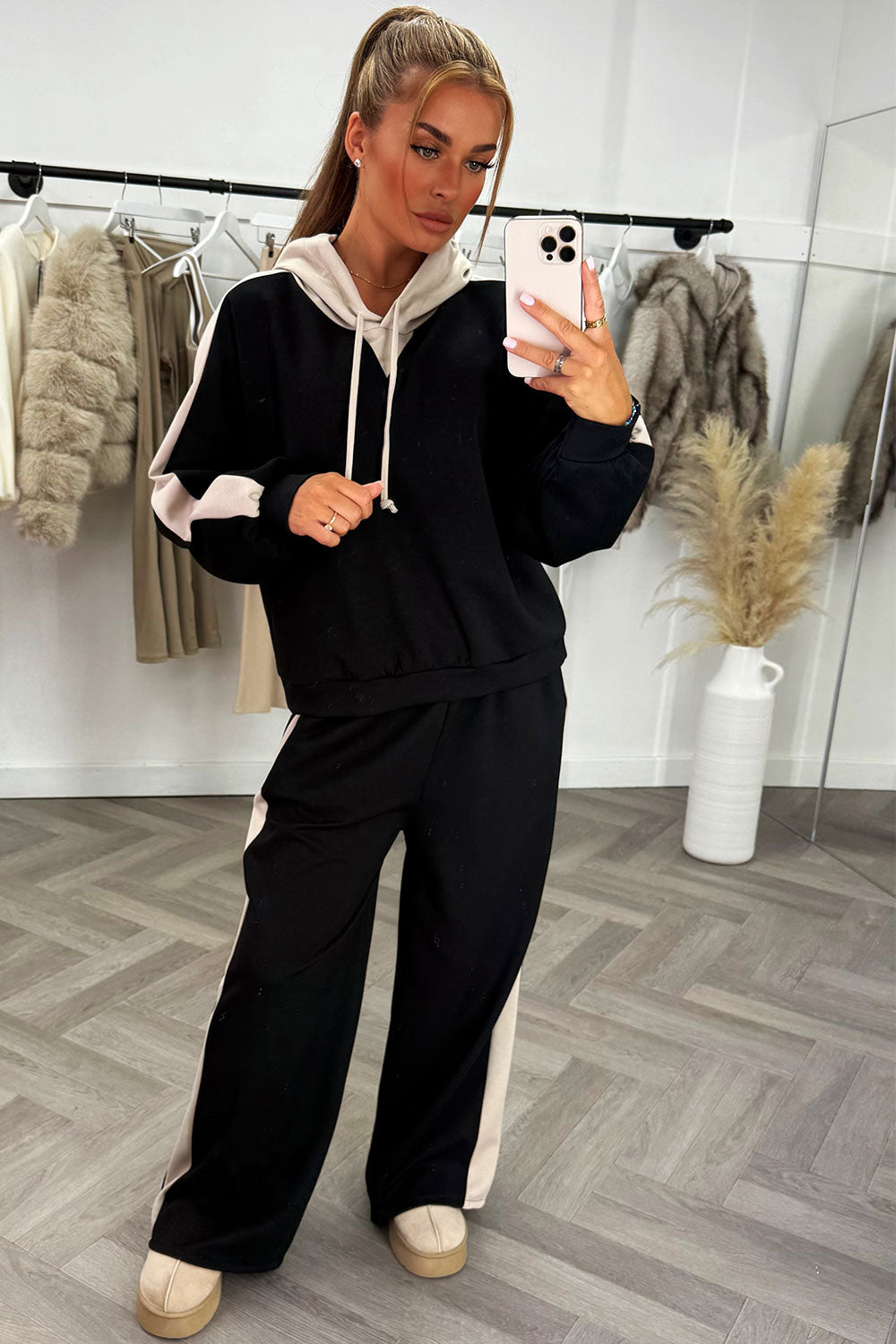 womens contrast tracksuit hooded sweatshirt and joggers co ord set 
