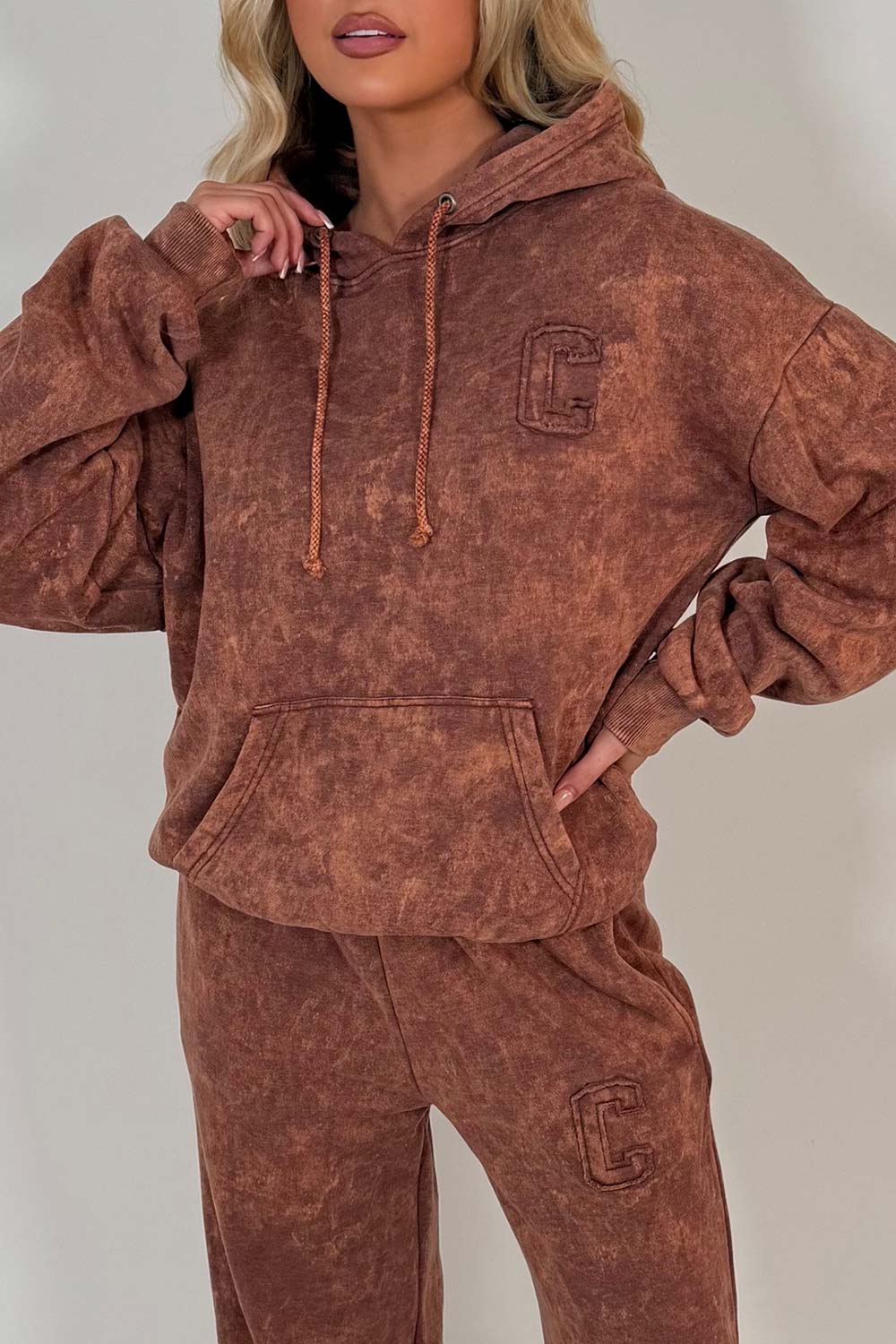 womens acid wash hoodie and joggers lounge set tracksuit with C emblem styledup uk