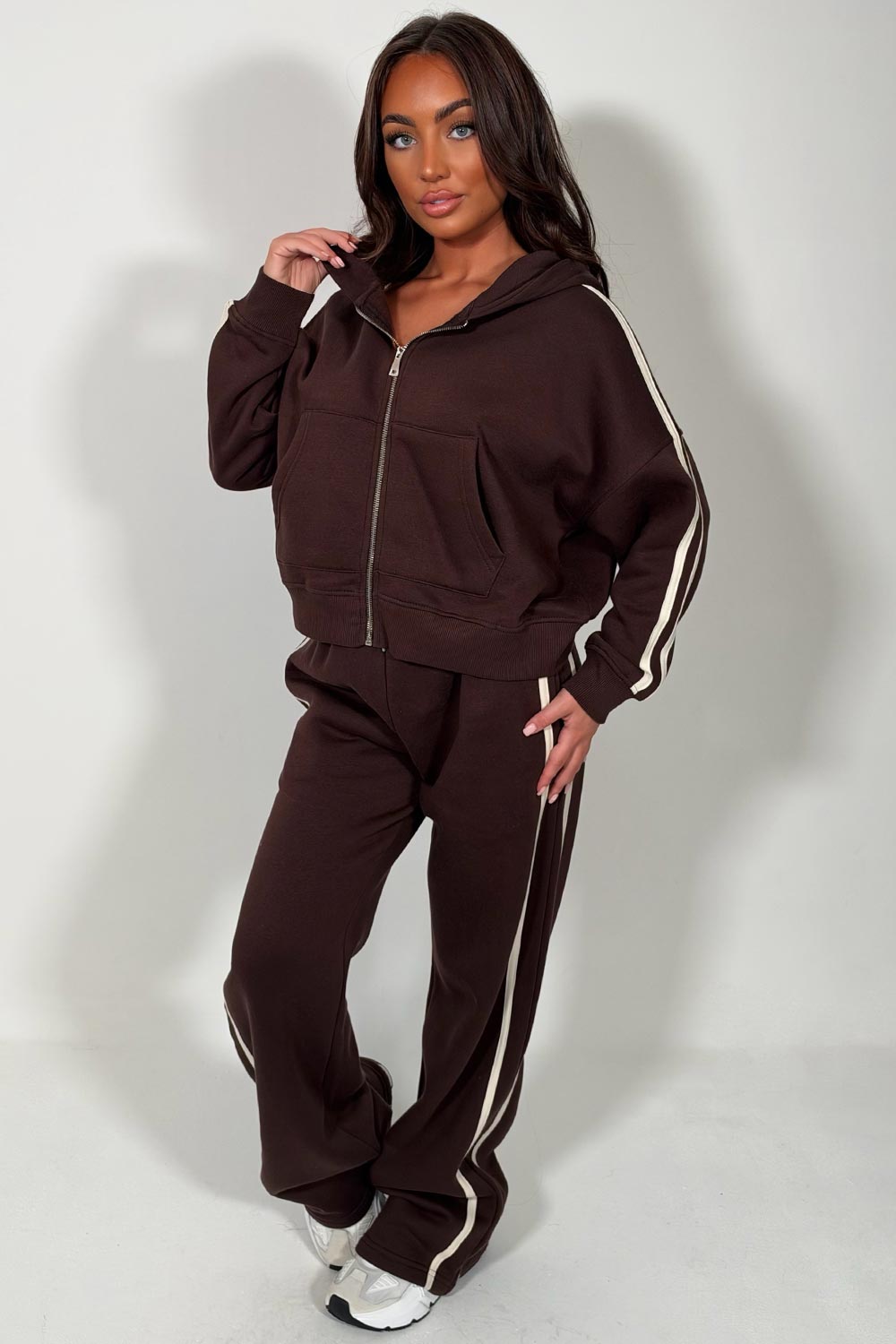 womens hoodie and joggers tracksuit set airport outfit brown styledup