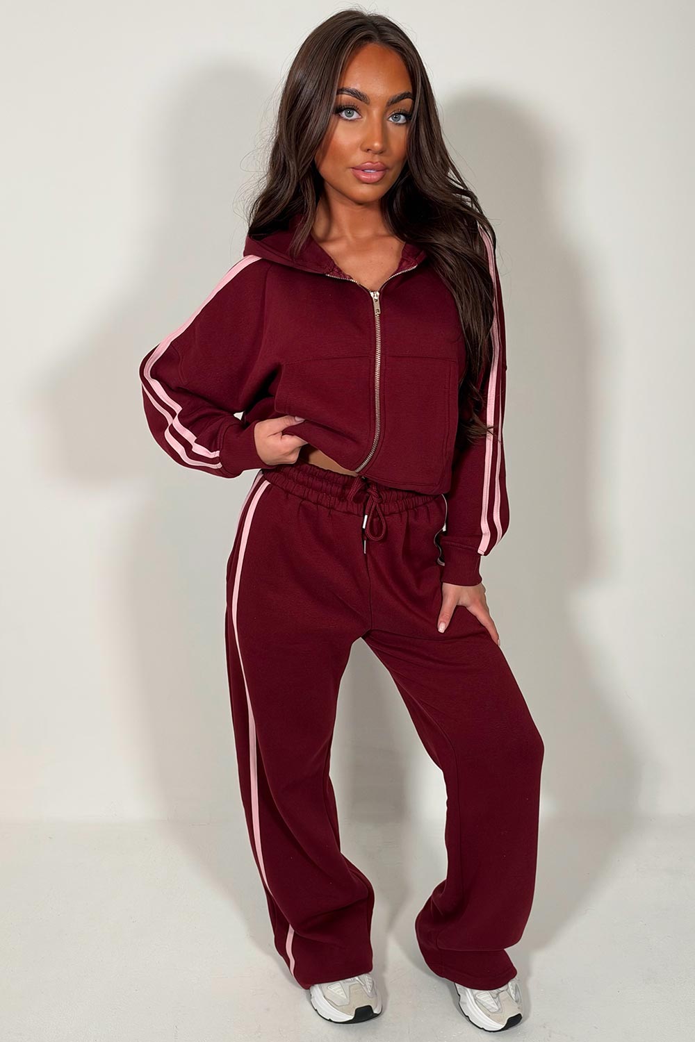 womens zara tracksuit set burgundy with pink stripes uk