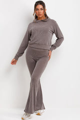 ribbed skinny flare trouser and crop hoodie tracksuit set womens loungewear