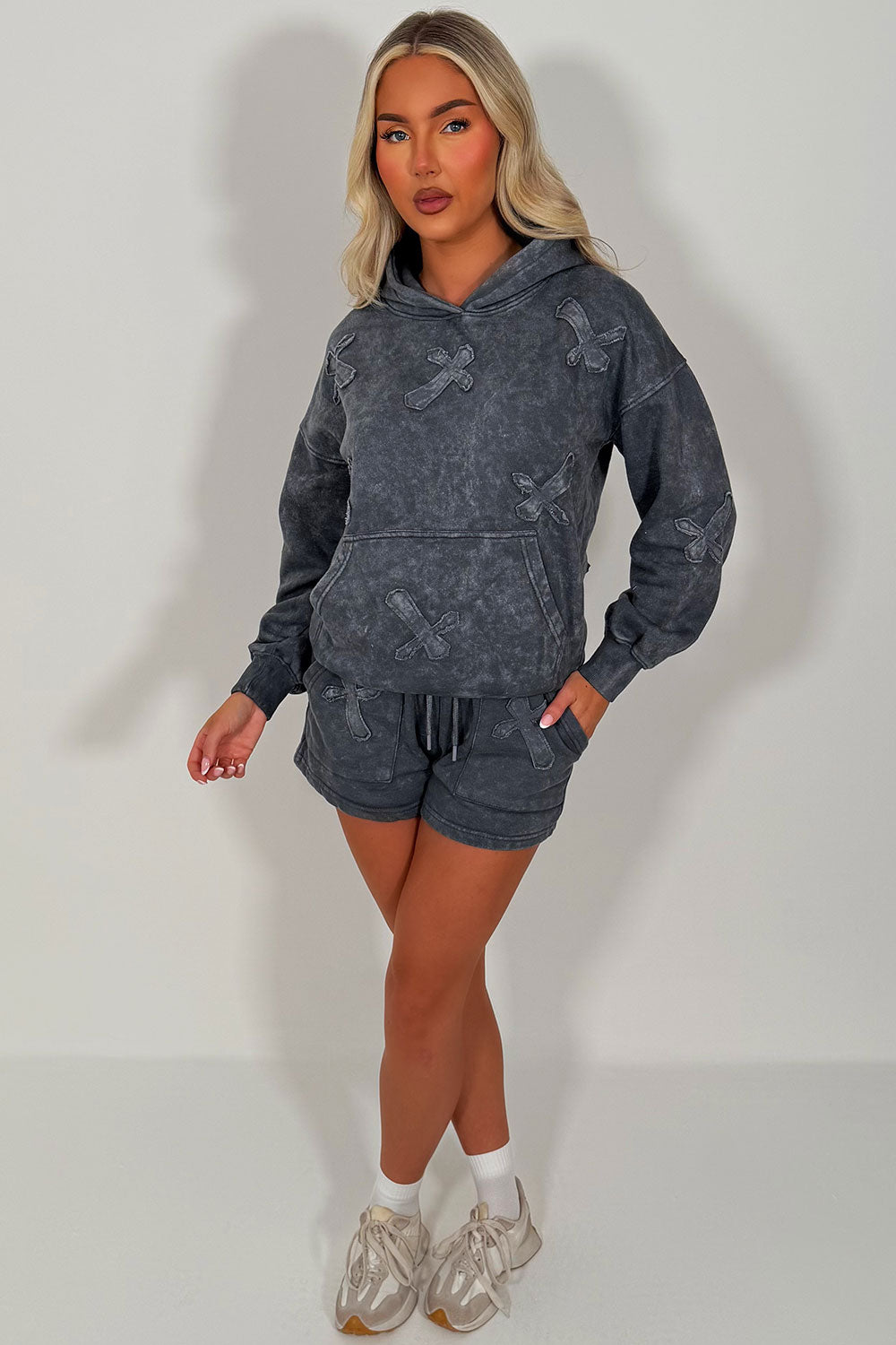 shorts tracksuit with crosses summer lounge set travel in airport outfit for womens styledup uk